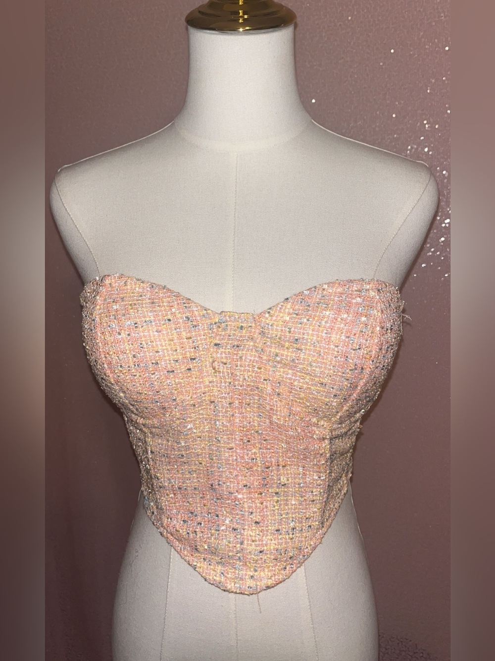 Strapless Tweed Corset Top in Pink Peach